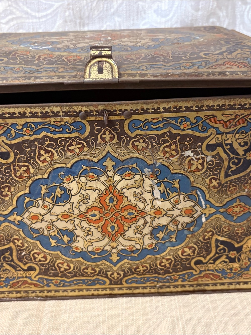 Decorative Ornate Metal Storage Box in Blue, Gold & Orange